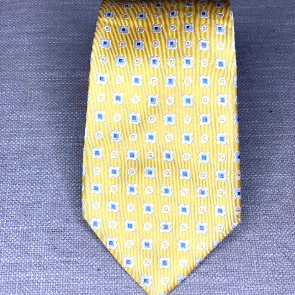Tommy Hilfiger 100% silk yellow + blue Geometric necktie w/ decorative tipping - Picture 6 of 8